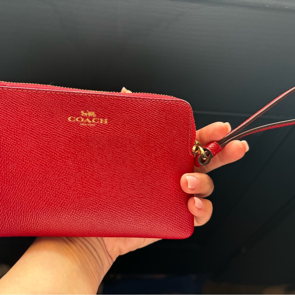 Coach Corner Zip Wristlet in red crossgrain leather